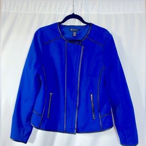 INC blue leather accent zip blazer